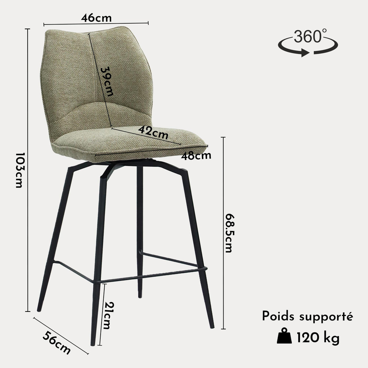 STELA Lot de 2 tabourets pivotants en tissu taupe piètement métal noir