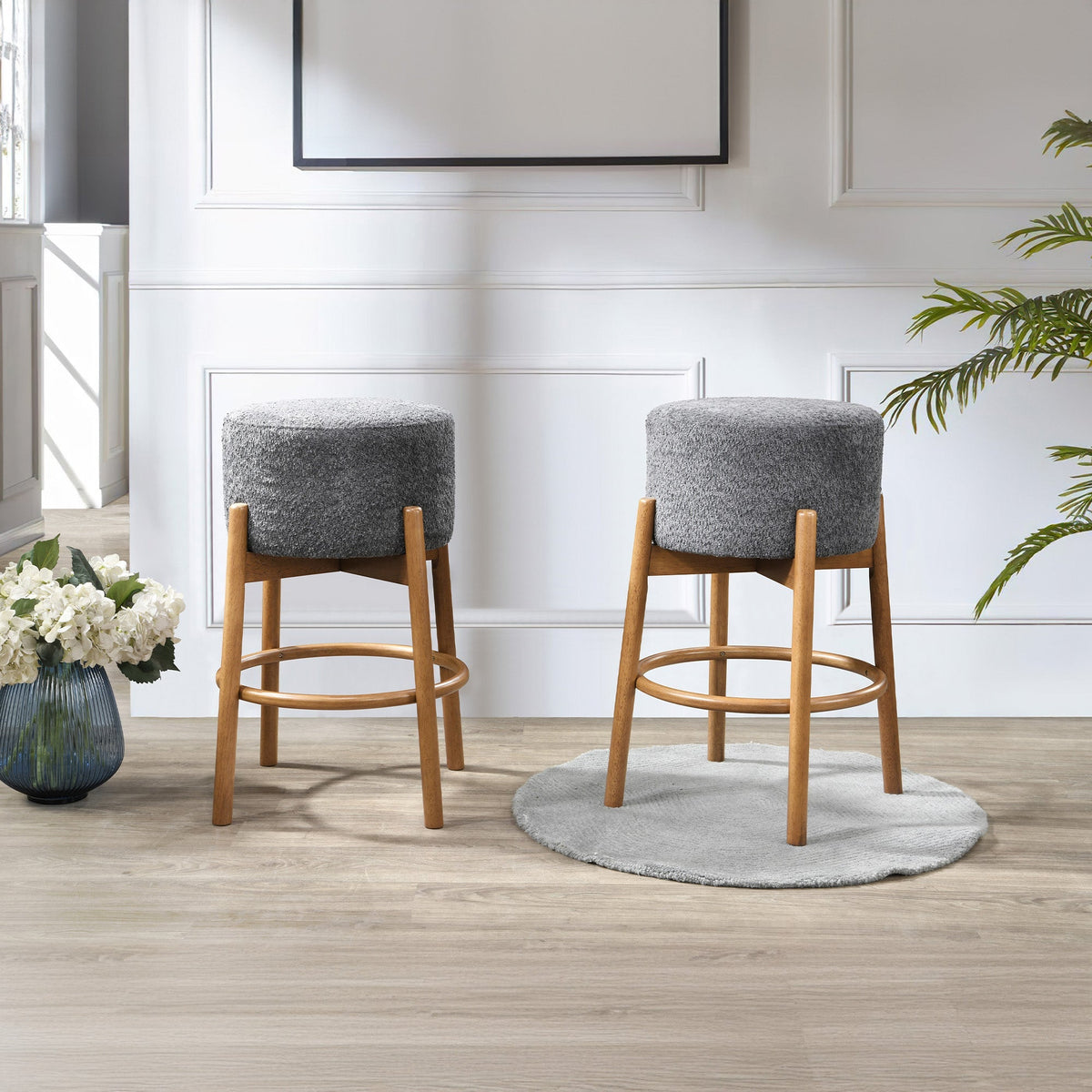 SULLY Lot de 2 tabourets effet peau de mouton gris foncé et bois clair