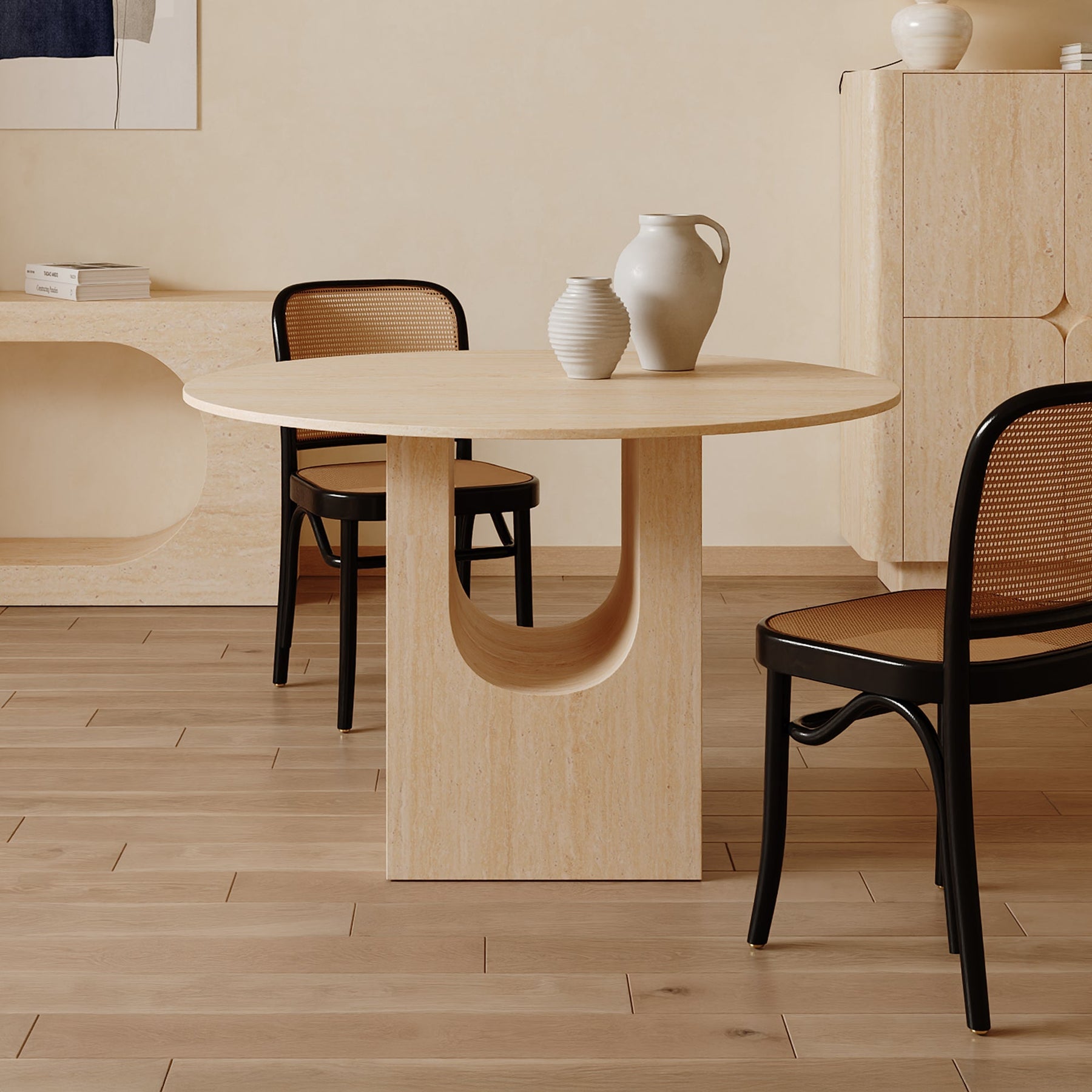 TAYZA Table à manger ronde en marbre d'ingénierie couleur travertin