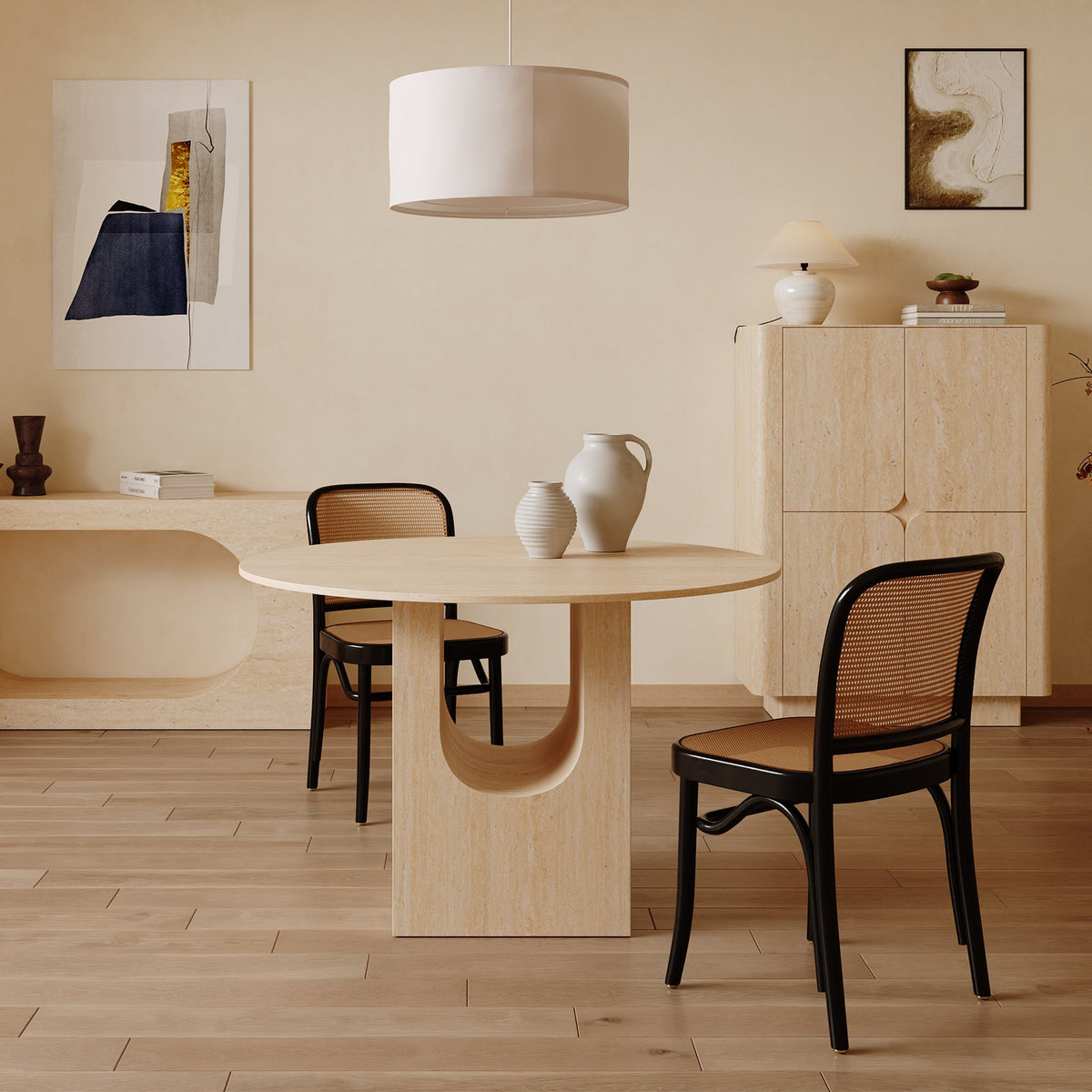 TAYZA Table à manger ronde en marbre d'ingénierie couleur travertin