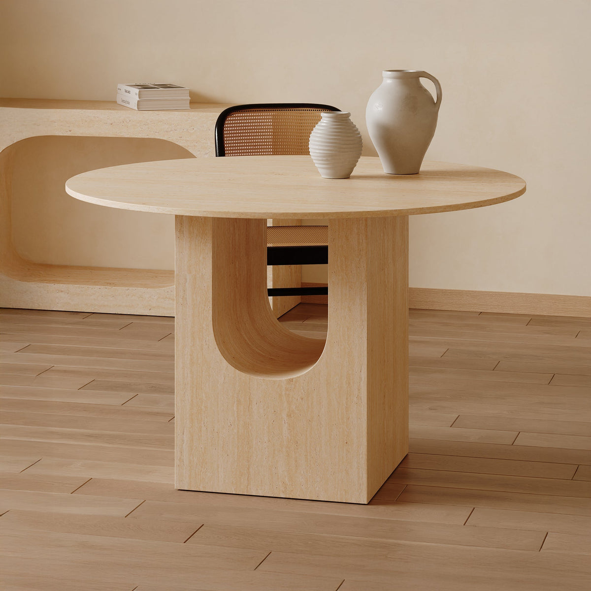 TAYZA Table à manger ronde en marbre d'ingénierie couleur travertin