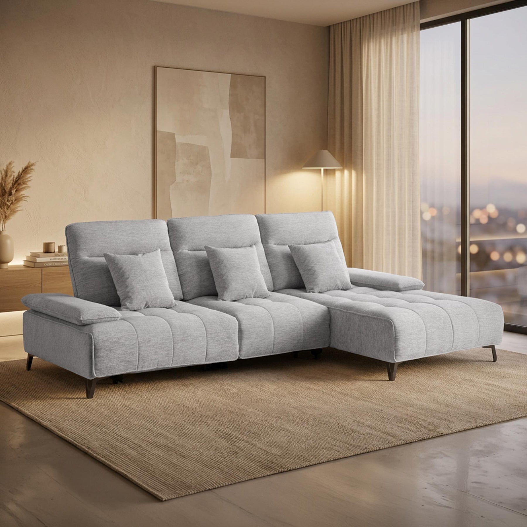 TIAM Canapé d'angle relax électrique en tissu matelassé gris - Angle droit