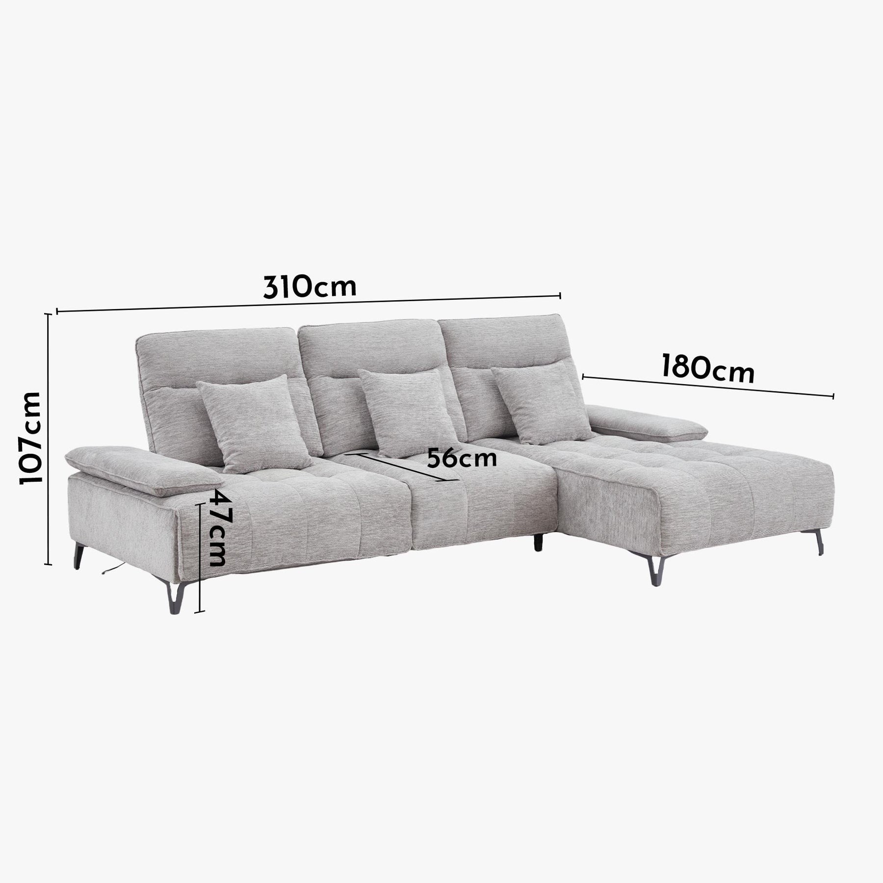 TIAM Canapé d'angle relax électrique en tissu matelassé gris - Angle droit