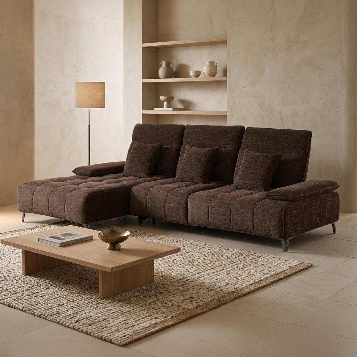 TIAM Canapé d'angle relax électrique en tissu matelassé marron - Angle gauche
