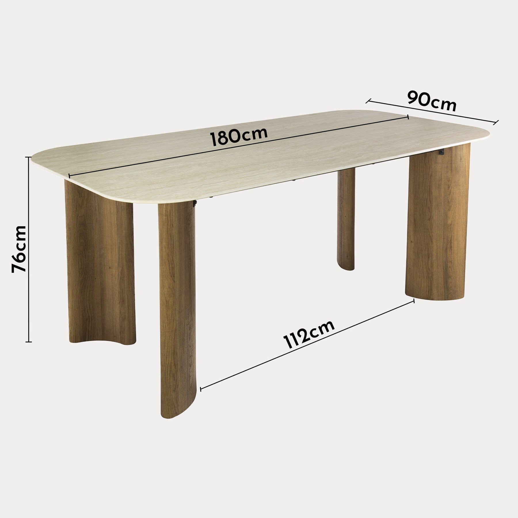 TIANA XL Table à manger rectangulaire en céramique beige pieds couleur chêne 180 cm