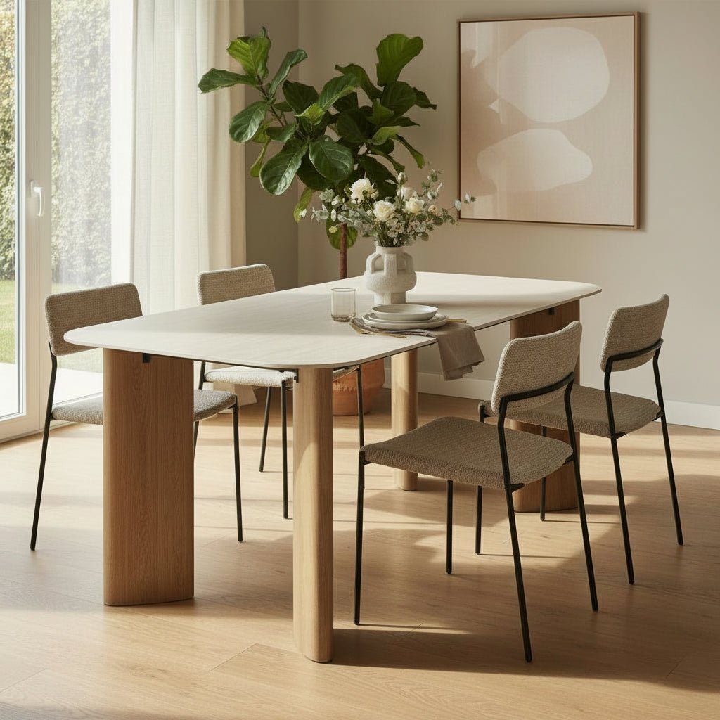 TIANA XL Table à manger rectangulaire en céramique beige pieds couleur chêne 180 cm
