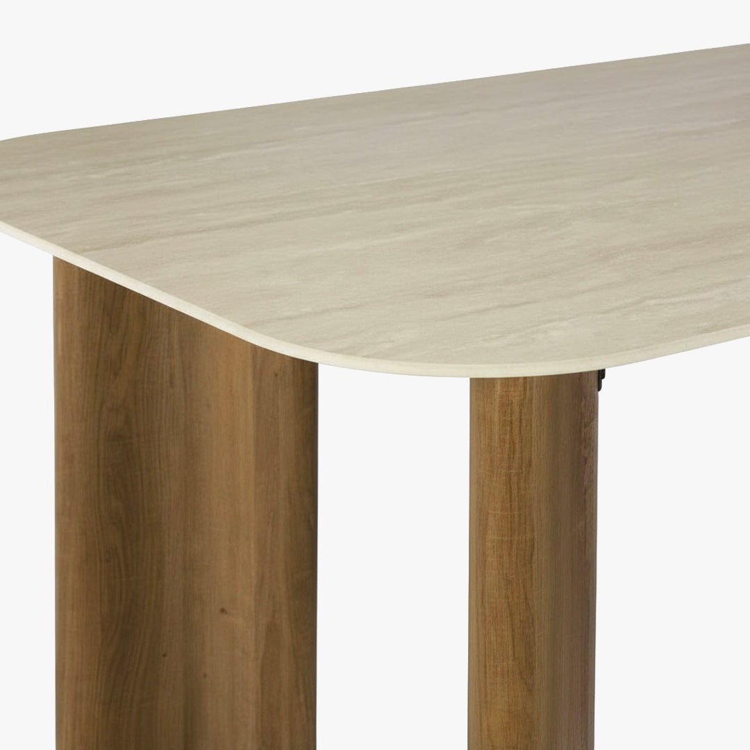 TIANA XL Table à manger rectangulaire en céramique beige pieds couleur chêne 180 cm