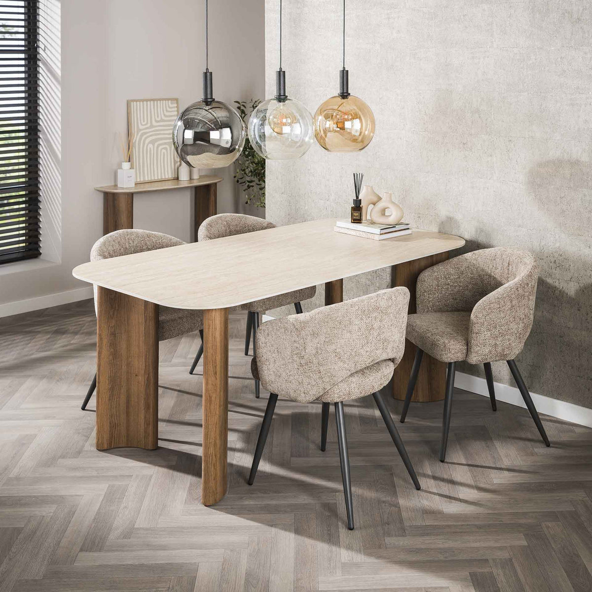 TIANA XL Table à manger rectangulaire en céramique beige pieds couleur chêne 180 cm