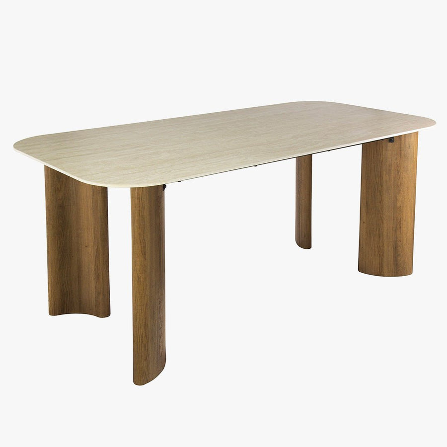 TIANA XL Table à manger rectangulaire en céramique beige pieds couleur chêne 180 cm