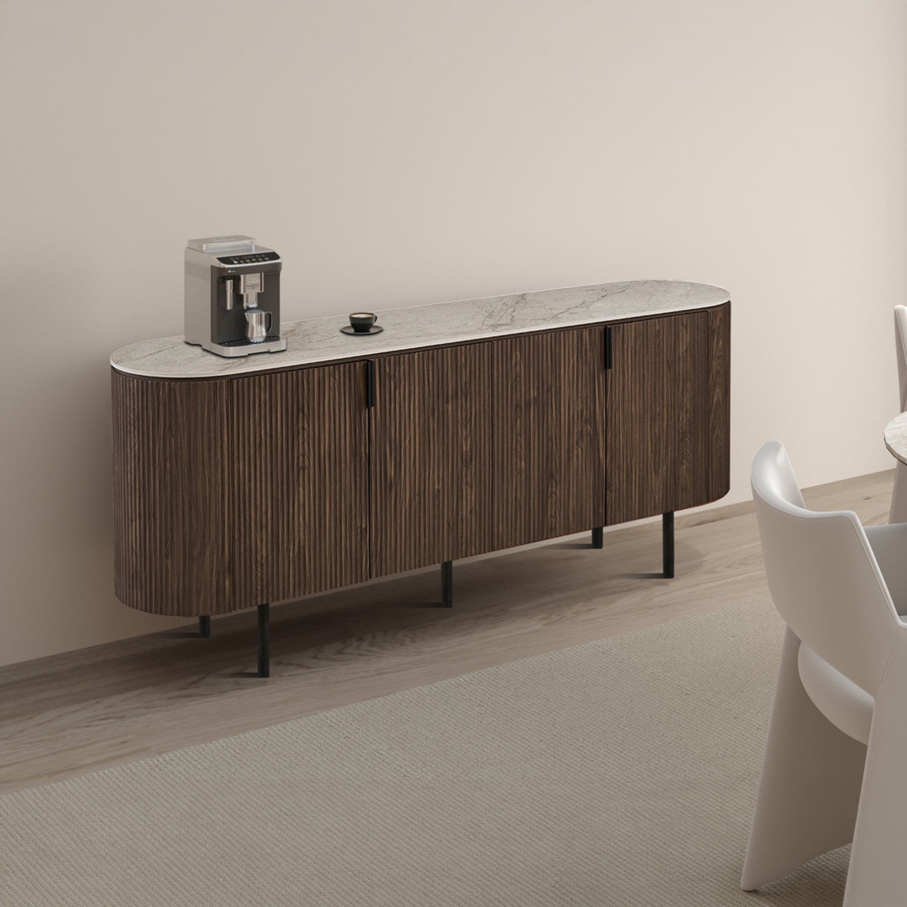 VIGO Buffet 4 portes en pierre frittée beige et couleur bois foncé