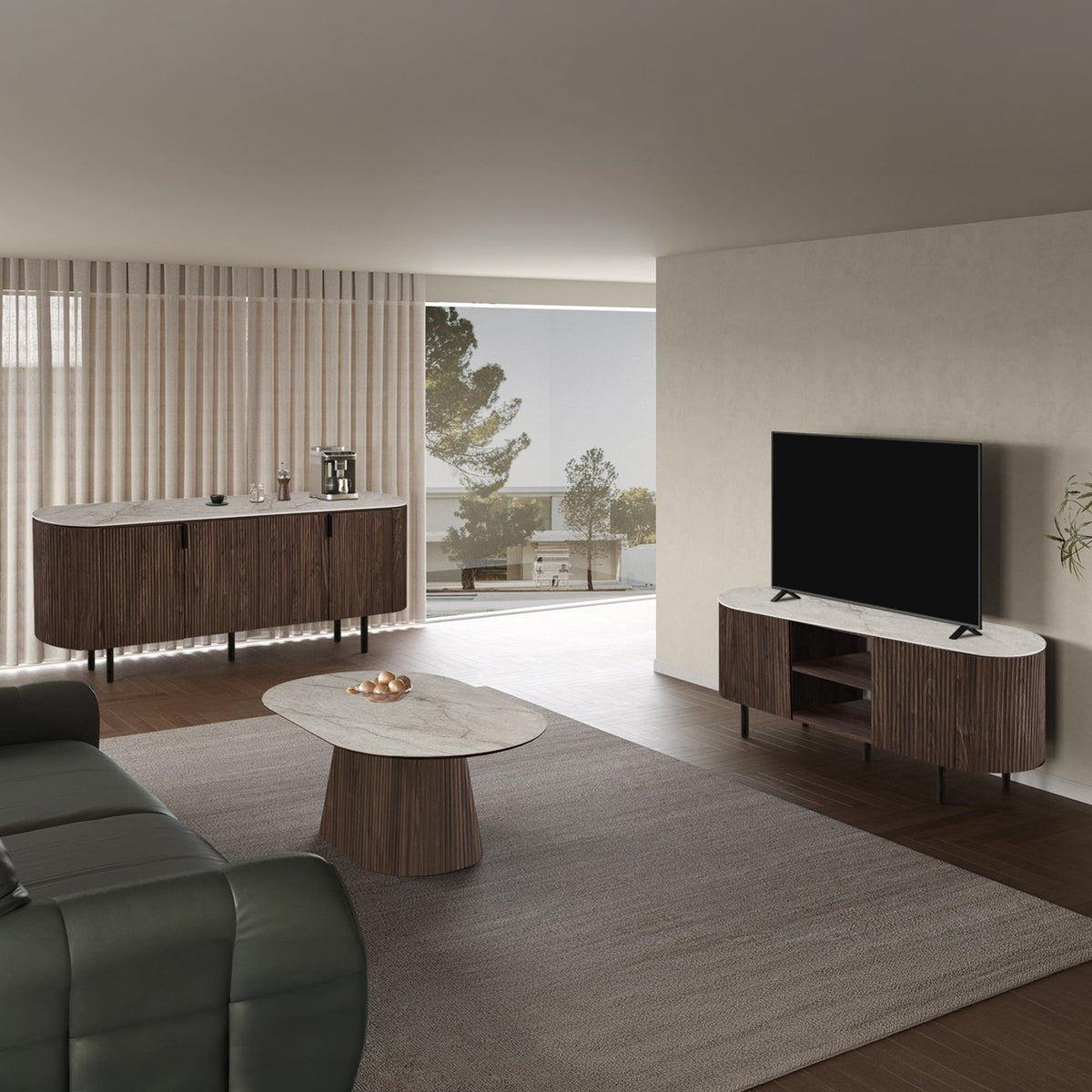 VIGO Buffet 4 portes en pierre frittée beige et couleur bois foncé