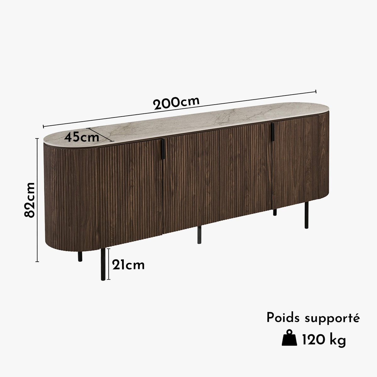 VIGO Buffet 4 portes en pierre frittée beige et couleur bois foncé