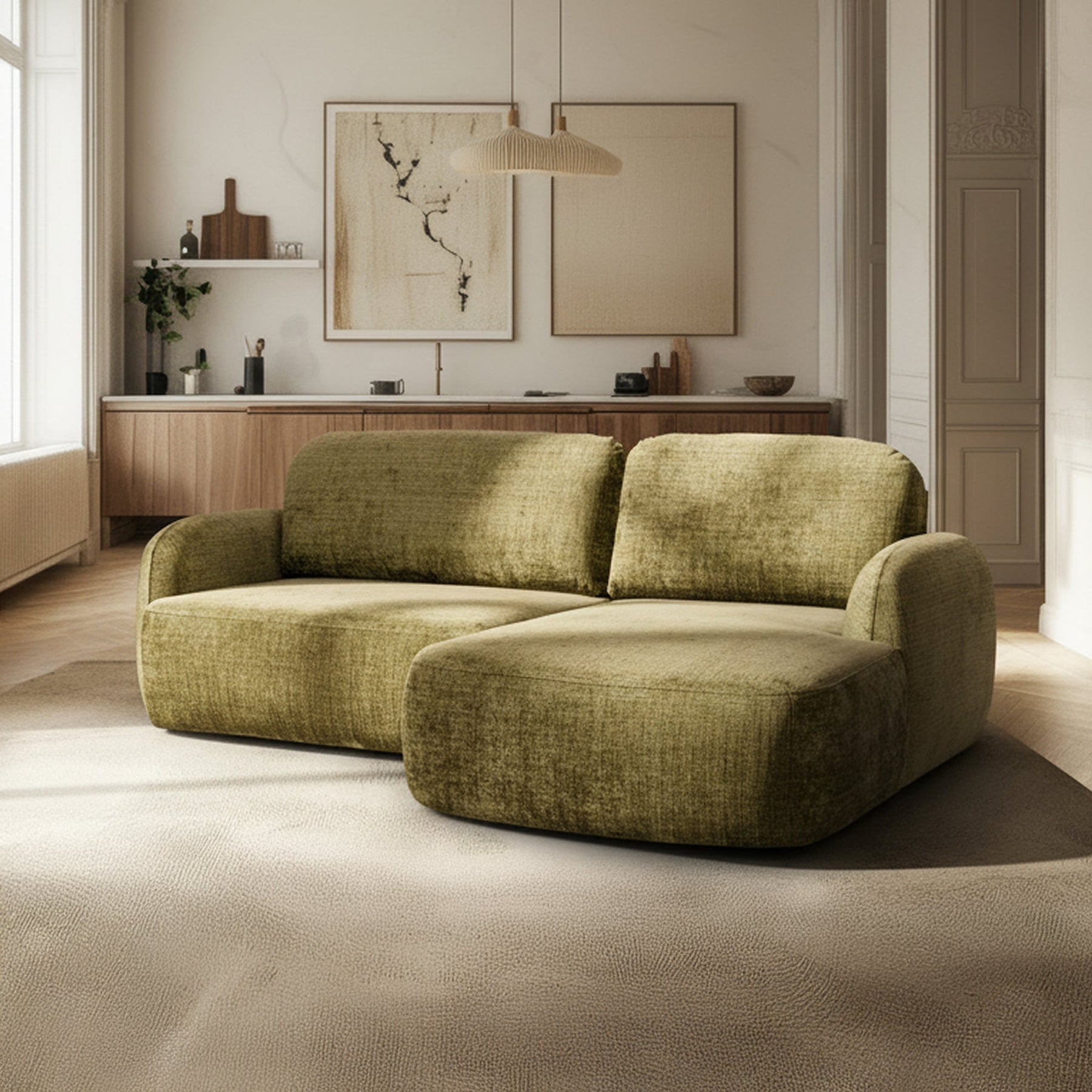 VIONA Canapé d'angle convertible avec coffre en tissu vert - Angle droit