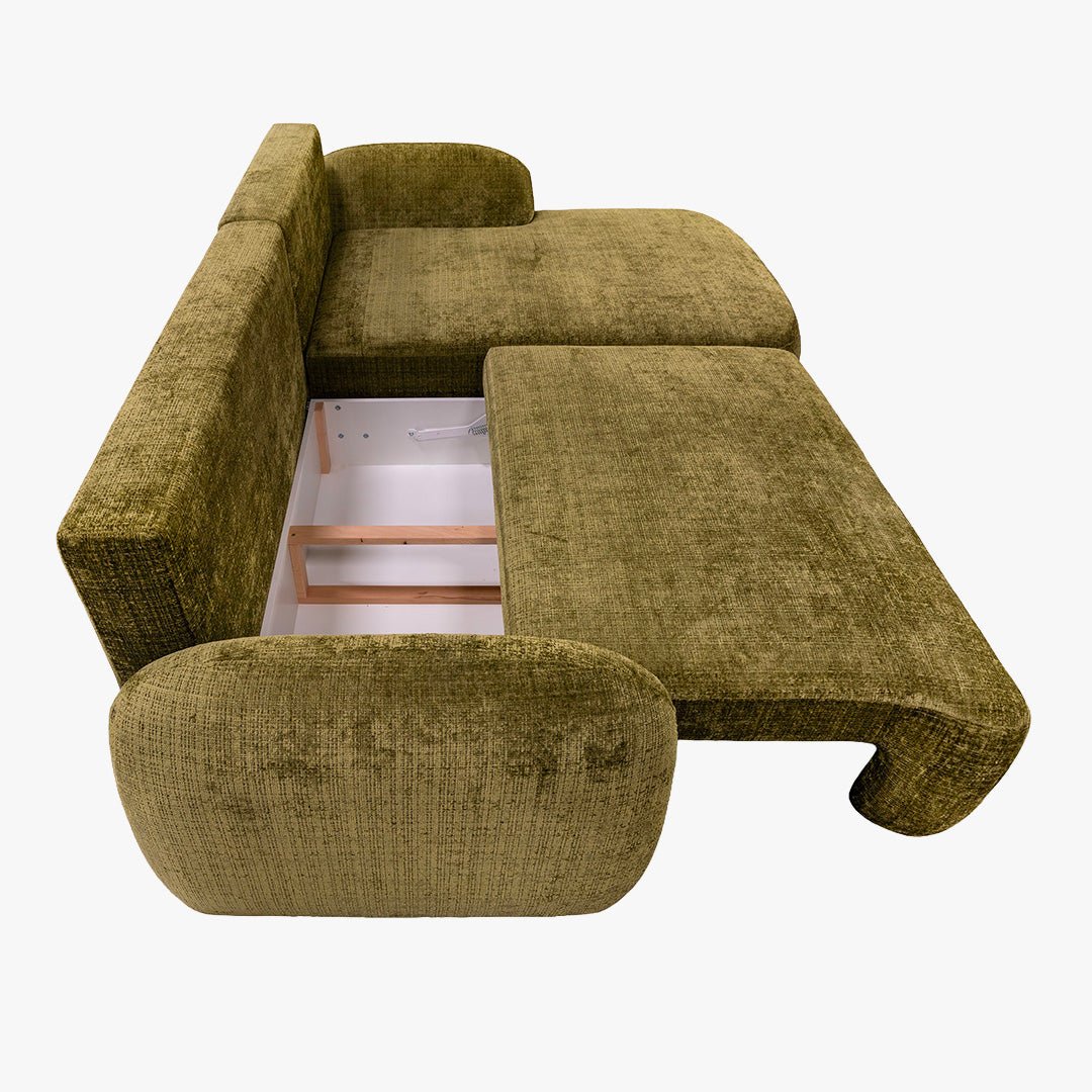 VIONA Canapé d'angle convertible avec coffre en tissu vert - Angle droit