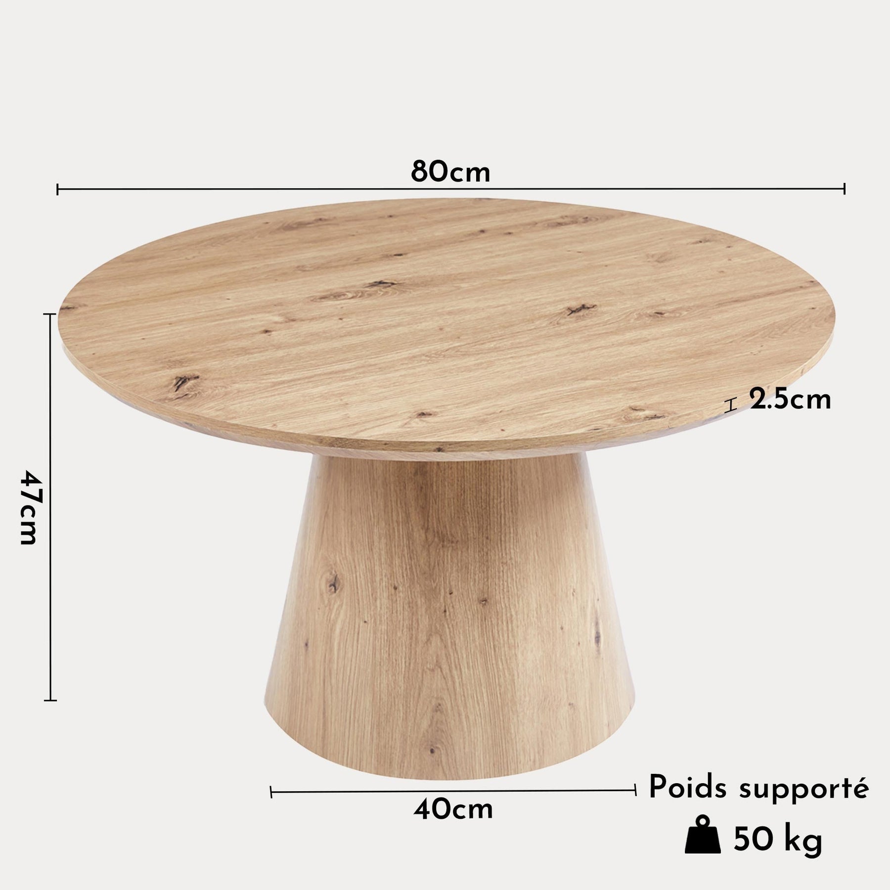 ZAYA Table basse ronde en bois couleur chêne vieilli piètement en cône