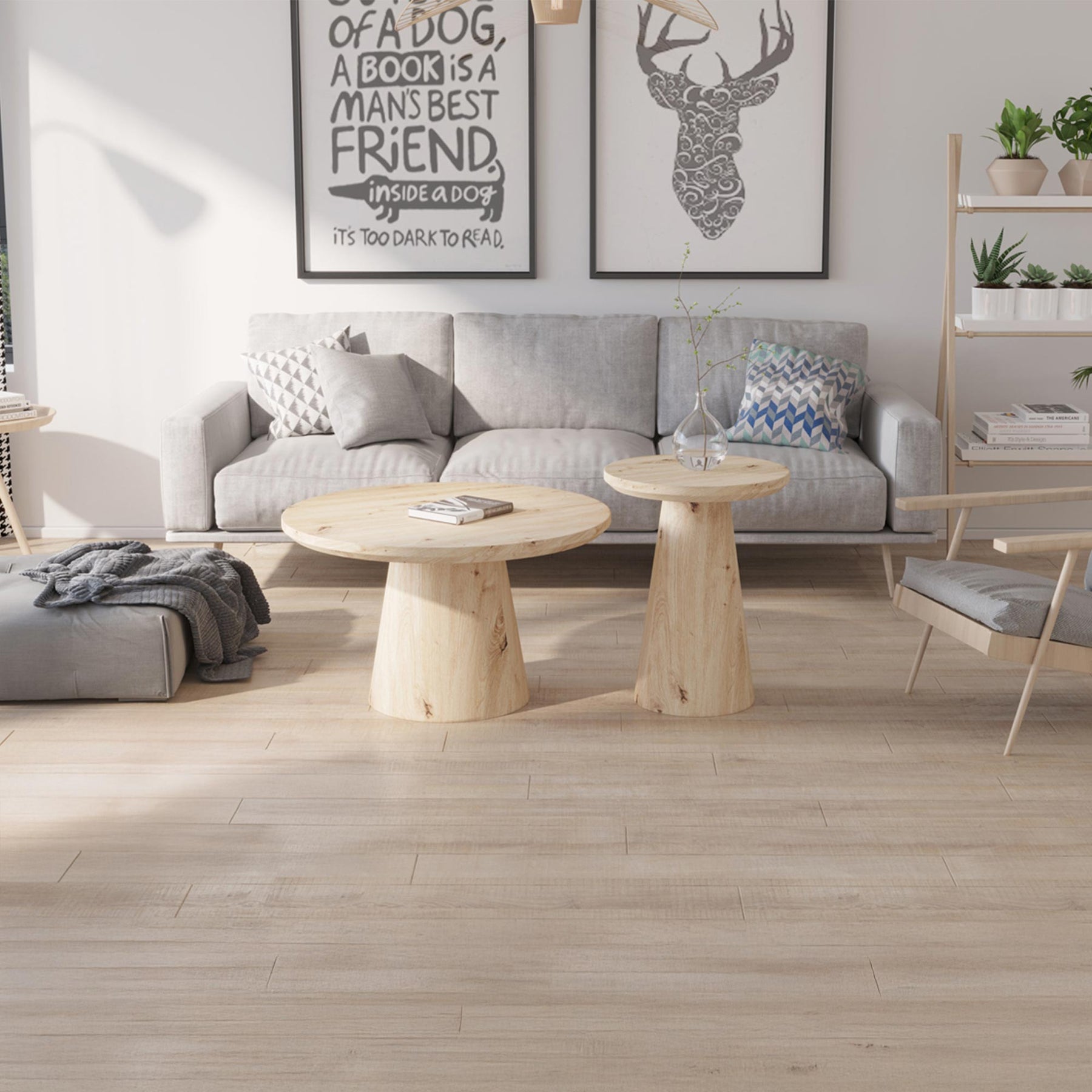ZAYA Table basse ronde en bois couleur chêne vieilli piètement en cône