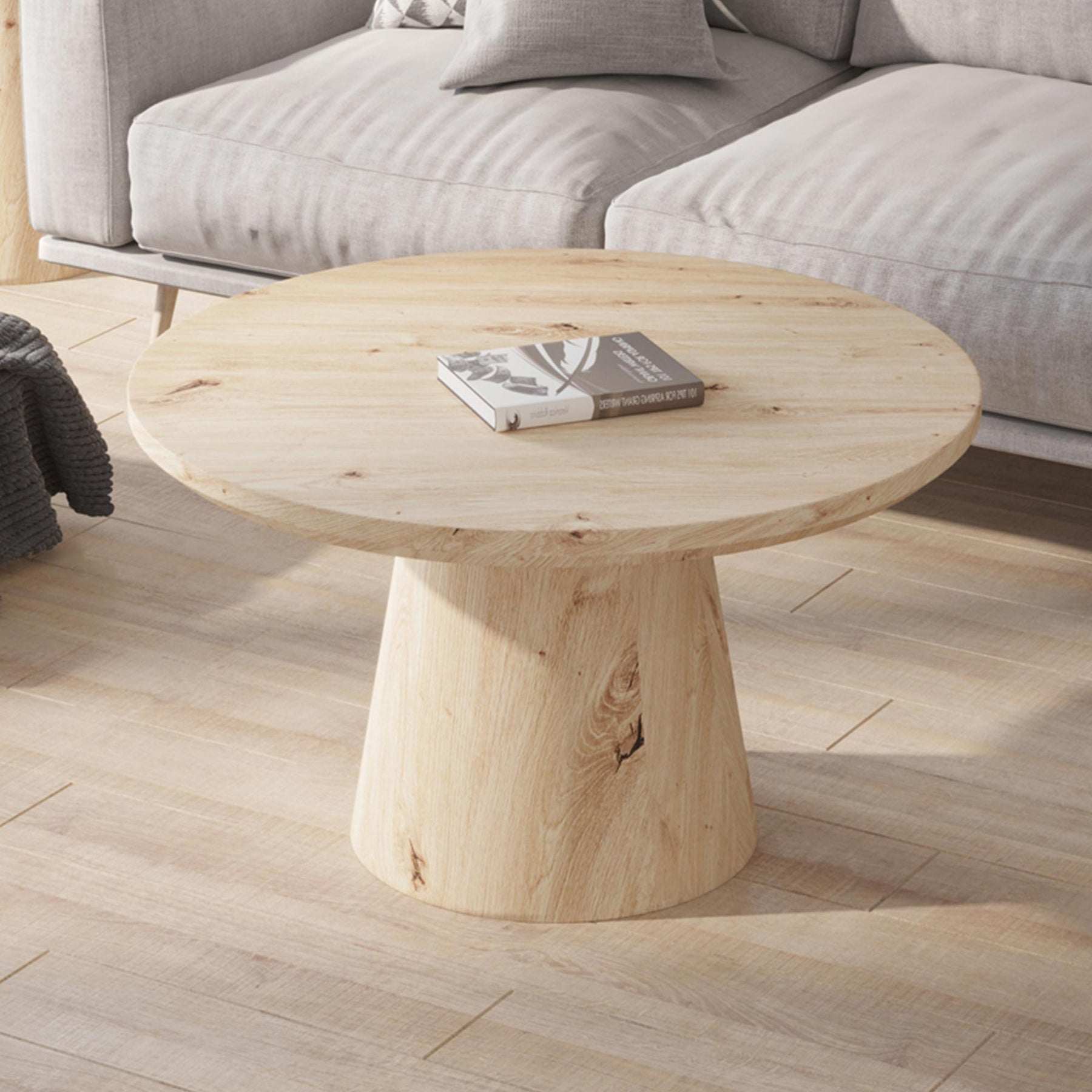 ZAYA Table basse ronde en bois couleur chêne vieilli piètement en cône