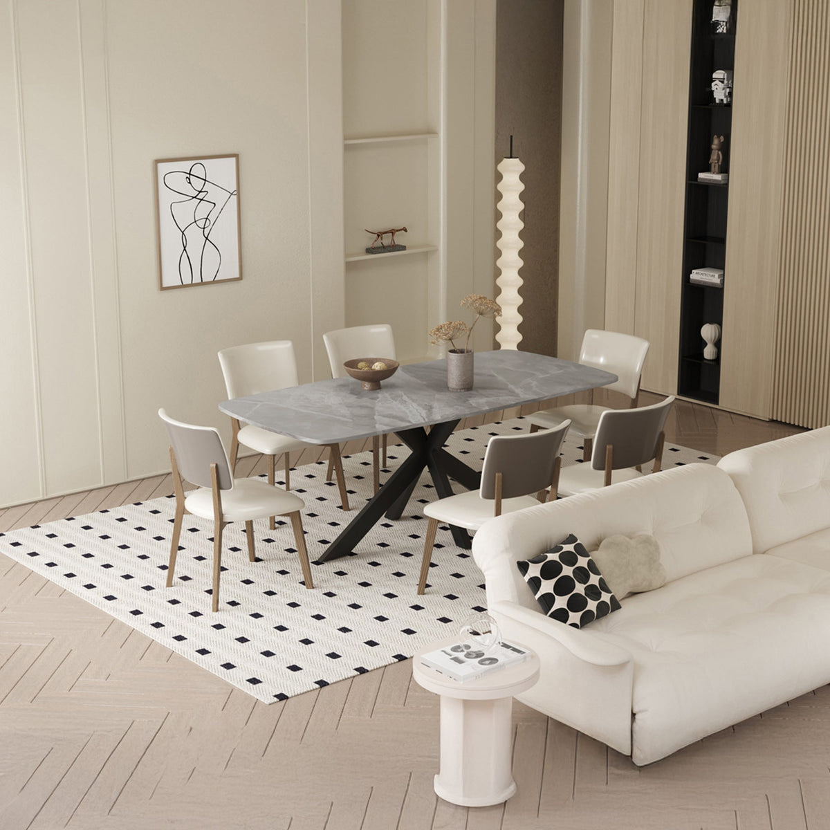 ZELIANA Table à manger pierre brillant gris pieds métal noir