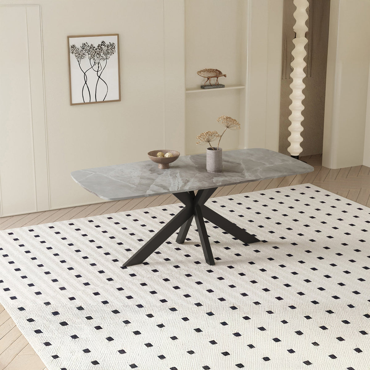 ZELIANA Table à manger pierre brillant gris pieds métal noir