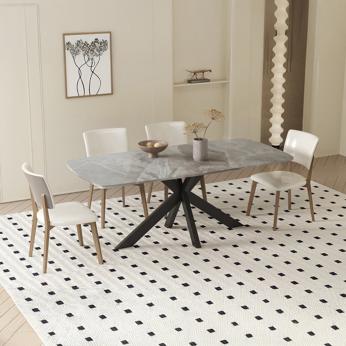 ZELIANA Table à manger pierre brillant gris pieds métal noir