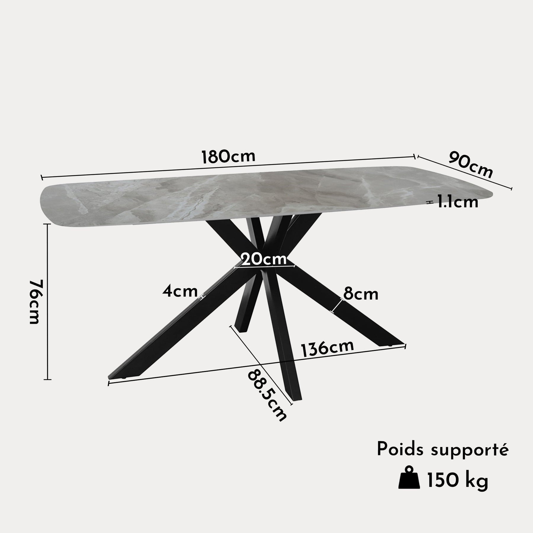 ZELIANA Table à manger pierre brillant gris pieds métal noir