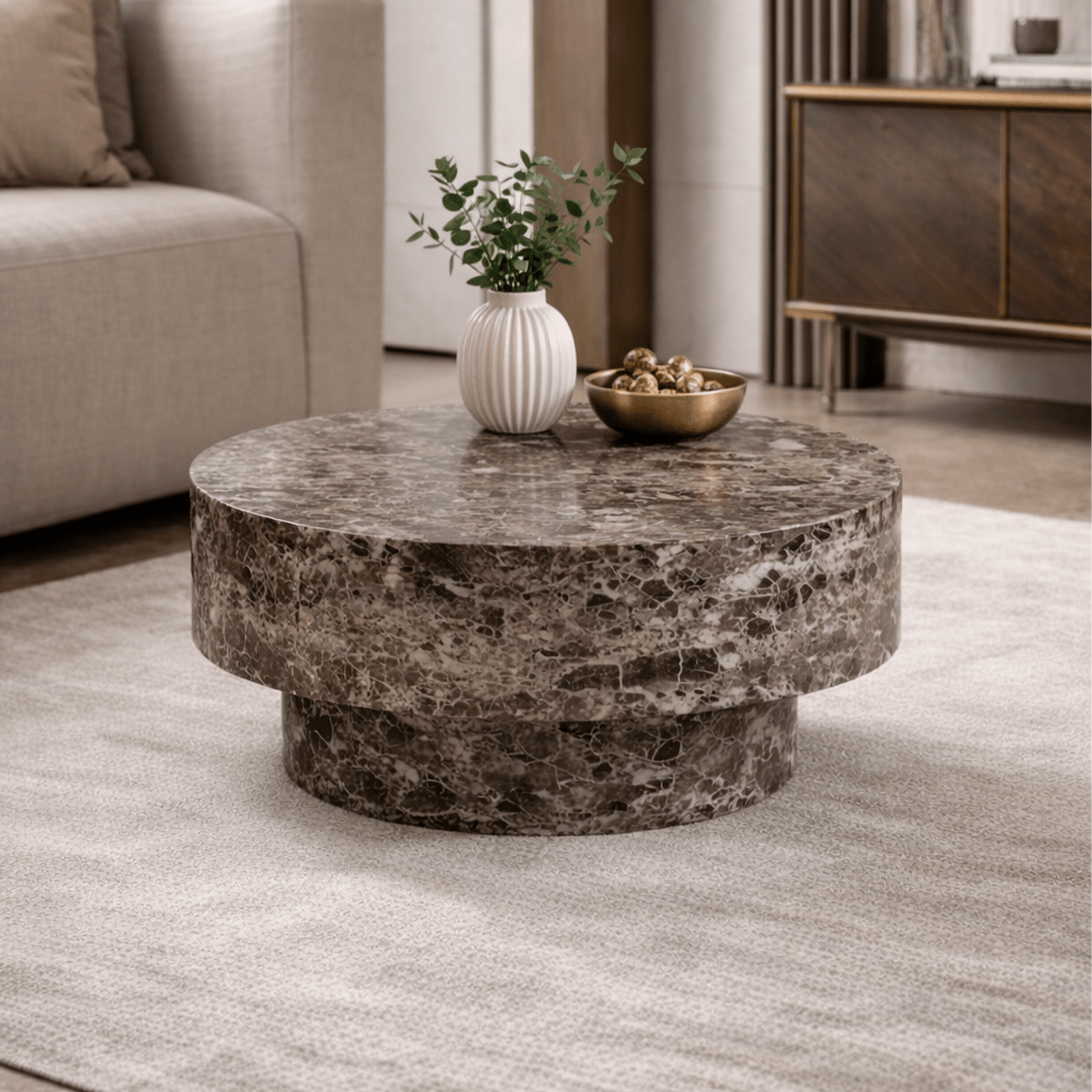 ZENA-70 Table basse ronde en marbre d'ingénierie marron D70 cm